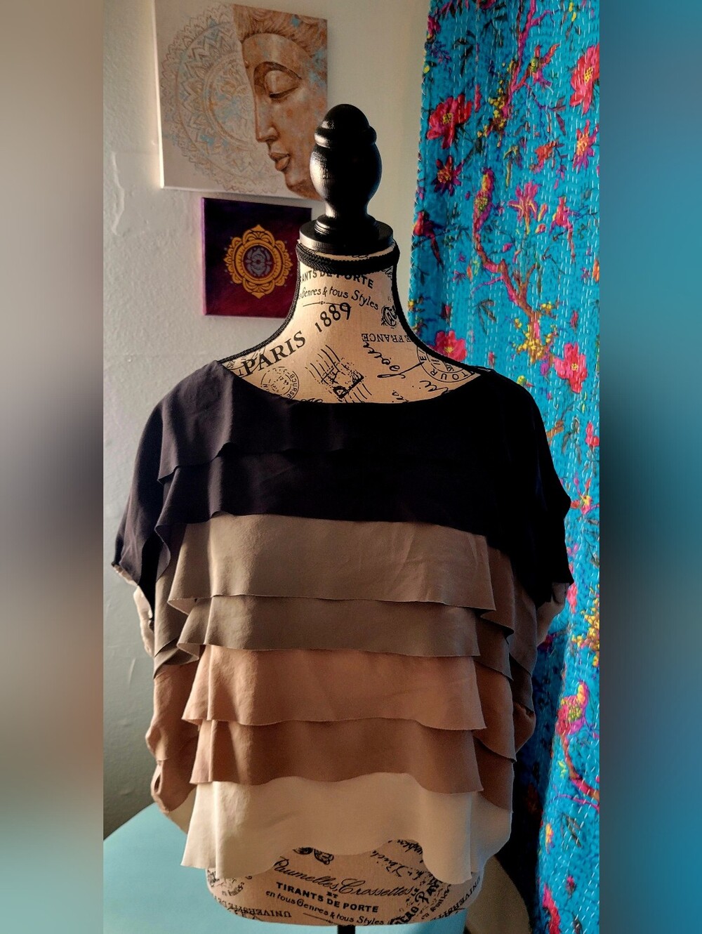 BCBGMaxAzria Layered Ruffle Colorblock Top - Black & Taupe & Cream